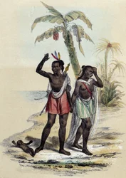 Um casal e um bebé numa praia; ilustração das ilhas Marquesas em «As Doze Nações», de M. E. Fouinet