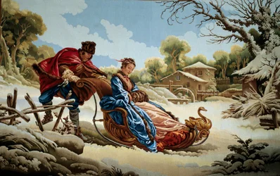 Um casal num trenó na Rússia Tapeçaria das manufacturas de Aubusson. Século XVIII. Aubusson, Museu da Tapeçaria