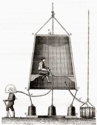 Um sino de mergulho construído por Halley em 1691, de «Les Merveilles de la Science», publicado cerca de 1870