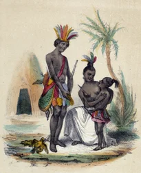 Uma família de índios canadianos diante dos seus tipis; ilustração do Canadá em «As Doze Nações», de M. E. Fouinet