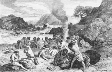 Uma festa durante a idade da pedra, ilustração de LHomme Primitif de Louis Figuier, publicada por Hachette, 1870