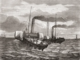 Uma primeira tentativa, em 1850, da Companhia Telegráfica Anglo-Francesa de John Watkins Brett de estabelecer a primeira linha sob o Canal da Mancha, de Dover a Calais, utilizando os rebocadores convertidos Goliath e Widgeon, de Les Merveilles de la Scienc