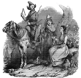Um grupo de cossacos quirguizes (quirguizes) em traje tradicional. Em "A pitoresca loja" 1835