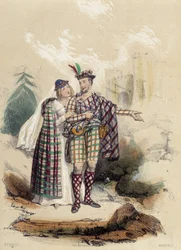 Um homem que leva um kilt e o seu companheiro diante de um castelo; ilustração da Escócia em «As Doze Nações», de M. E. Fouinet