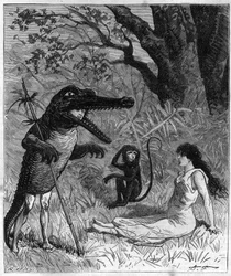 Um homem de pele de crocodilo fala com uma jovem que desmaia sob o olhar de um macaco. Ilustração de "Journey around the world of sailor Biribi" de Theodore Labourieu e Saint Vrin (Saint-Vrin). Gravura a partir de 1880 em "La republique illustree".