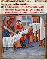 Um homem partilha a sua mesa com um pobre necessitado Miniatura tirada de "Le livre de bonnes moreurs de Jacques Legrand" 1490 Chantilly, Musee Conde