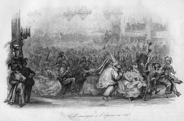 Um baile de máscaras na Ópera de Paris, em 1843. ("Le carnival" canção par Marc-Antoine Madeleine Desaugiers) em "- CHANS et CHANS POPULES DE LA FRANCE - 1843 - H.- L. DELLOYE, editora, LIBRAIRIE DE GARNIER.
