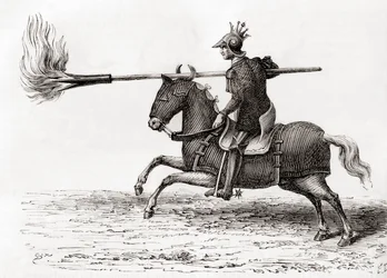 Um cavaleiro medieval com uma lança de fogo, ou lança de fogo, uma das primeiras armas de pólvora do mundo, de Les Merveilles de la Science, publicado c.1870 (gravura)