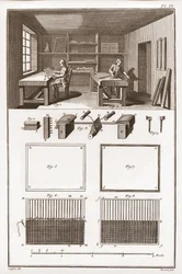 Uma fábrica de papel - Papelaria: Formal - "The Great Encyclopedie, ou Dictionnaire Raisonne des Sciences, des Arts et des Metiers" (Enciclopédia ou Dicionário das Ciências, Artes e Profissões) de Denis Diderot (1713-1784) e Jean d