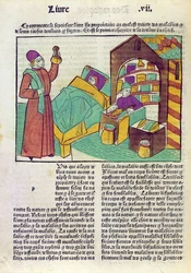 Um paciente com um médico e um farmacêutico, de The Book of Things, de Barthelemy English, 1485 (cor xilogravura)