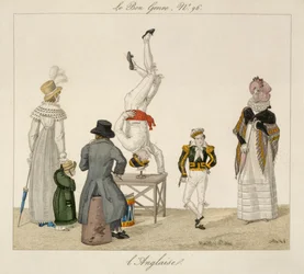 Um, artista, ficar, ligado, seu, cabeça, equilibrar, ligado, um, vidro, prato, 96, de, le, bon genre, c.1810, (color, engraving)