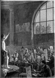 Uma sessão de pose em uma oficina de artistas em Paris. Gravura na ilustre revista "La jeunesse".