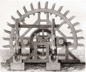 Um moinho de pó e sua roda de água, depois de um desenho do século XIX, de Les Merveilles de la Science, publicado c.1870 (gravura)