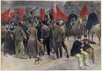 Reunião pública dos grevistas em frente à Câmara Municipal de Montceau les mines (Saone e Loire), onde cerca de 10 000 grevistas deixaram de trabalhar há mais de um mês. Gravura em "Le pelerin" 8/09/1901. Coleção Selva.