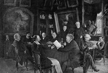 Uma leitura no comedy-francaise (Comedie francaise): alexandre Dumas filho lendo uma de suas comédias perante o comitê.