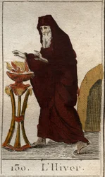 Uma representação da estação do Inverno como um velho a aquecer-se a si próprio por um incêndio. (O inverno representado como um homem velho tentando se aquecer por um fogo). Da "Mitologia da Juventude" de Pierre Blanchard 1803.