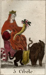Uma representação da divinite Cybele (de origem frígio) personificando a Mãe Natureza, ela tem uma cornucópia nas mãos. Da "Mitologia da Juventude", de Pierre Blanchard 1803.
