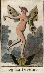 Uma representação da deusa do acaso Fortuna (Fortuna), ela decide o bem e o mal dos seres humanos, segura um chifre de abundância e fica em cima de uma roda. (Representação da Fortuna, deusa da sorte, ela decide sobre o que acontece com os seres humanos, e