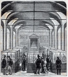 Uma sala do Conservatório de Artes e Metiers (Arts-et-Metiers) no século XIX - Gravura em "Ciências postas à disposição de todos - física e química" por Alexis Clerc - Final do século XIX. Colecção privada.