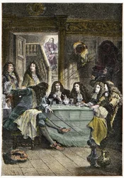 Um salão (Cabaret) reunindo os escritores franceses Jean de La Fontaine (1621-1695), Nicolas Boileau-Despreaux (Boileau Despreaux) (1636-1711), o dramaturgo Jean Baptiste Poquelin dit Moliere (1622-1673) e o poeta Jean Racine (1639-1699) - La Fontaine, Boi