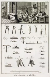 Um sapato e bootmaker e suas ferramentas, da enciclopédia de Ciências e Metiers por Denis Diderot (1713-84) publicado c.1770