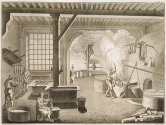 Uma oficina de tintureiros de seda, da Encyclopédie des Sciences et Métiers de Denis Diderot (1713-84), publicada em 1770