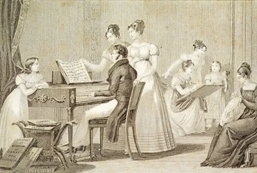 Uma aula de canto para senhoras jovens (gravura)