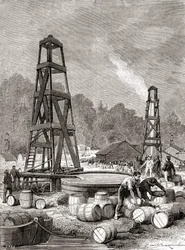 Uma fonte de petróleo em Oil Creek no Rio Allegheny, Pensilvânia, EUA, em 1858, descoberta por Edwin Laurentine Drake, também conhecido como Coronel Drake, de 
