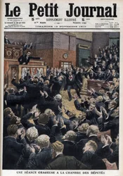Uma sessão tempestuosa na Câmara dos Deputados - O primeiro-ministro Aristide Briand acusa o líder dos socialistas, Jean Jaurès, de infringir a lei - Ilustração de «Le Petit Journal», suplemento ilustrado