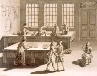 Uma oficina de alfaiates, da Encyclopédie des Sciences et Metiers de Denis Diderot (1713-84), publicada em 1770
