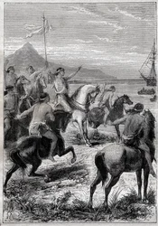 Uma tropa de homens a cavalo usava uma bandeira branca: Vice-Almirante John Byron (1723-1786) recebido pelos nativos do Cabo das Virgens, na foz oriental de Detroit, em 1764 - ilustração de "Os Grandes Marinheiros do século XVIII".