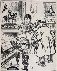 Um bronze usado, caricatura com navios de guerra, partitura de Deroulede ao piano e estatueta de Joana d