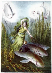 Uma mulher e um rapaz a fugir de peixes gigantes e tubarões - in "Viagem ao fundo do mar" de H. de la Blanchère. Paris, ed. Jouvet et Cie, sd. 1880.
