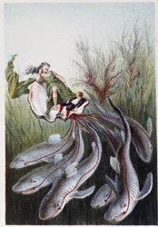 Uma mulher e um rapaz num tanque conduzido por tubarões - in "Viagem ao fundo do mar" de H. de la Blanchère. Paris, ed. Jouvet et Cie, sd. 1880. (duplo 02946)