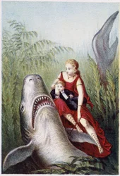 Uma mulher e um rapaz a cavalgar num tubarão - em "Journey to the bottom of the sea" de H. de la Blanchère. Paris, Ed. Jouvet et Cie, sd. 1880.