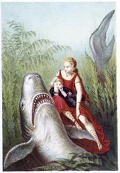 Uma mulher e um rapaz a cavalgar num tubarão - em "Journey to the bottom of the sea" de H. de la Blanchère. Paris, Ed. Jouvet et Cie, sd. 1880. (duplo 02943)