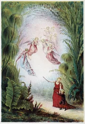 Uma mulher e os anjos a mostrar o caminho a um rapaz - em "Journey to the bottom of the sea" de H. de la Blanchère. Paris, Ed. Jouvet et Cie, sd. 1880.