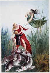 Uma mulher atacando outra mulher e um rapaz liderado por golfinhos - em "Journey to the bottom of the sea" de H. de la Blanchère. Paris, ed. Jouvet et Cie, sd. 1880. (duplo 02947 e 02952)