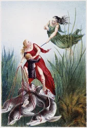 Uma mulher que ataca outra mulher e um rapaz conduzido por golfinhos - in "Viagem ao fundo do mar" de H. de la Blanchère. Paris, ed. Jouvet et Cie, sd. 1880. (duplo 02947)