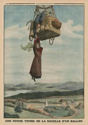 Uma mulher caindo da gôndola de um balão, ilustração de capa de &39;Le Petit Journal&39;, suplemento ilustre, 1 de junho de 1913 (cor litho)