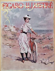 Uma mulher a andar de bicicleta. Capa "Figaro ilustrado".