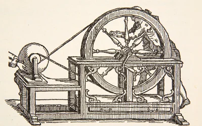 Máquina elétrica Abbe Nollets, 1746, cópia de Boris Mestchersky (n.1957) Ilustração da História da Francaise Nacional, Ciências, Volumes I e II, de Gabriel Hanotaux (1853-1944), 1924
