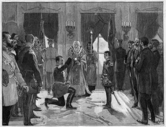 Abdicação do rei Milão 1° da Sérvia (1854-1901), 7 de março de 1889: o antigo rei faz um juramento de obediência e fidelidade ao seu filho, Alexandre 1° da Sérvia (1876-1903), pelo qual acaba de abdicar. Gravura no "Le Monde Illustré" n°1666 de 2 de março 