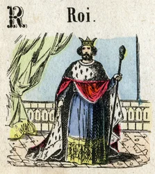Abecedário. Carta R como Rei. Pequeno alfabeto enciclopédico, série popular. Imagem epinal, final do século XIX.