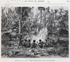 Aborígenes sob a supervisão de um colono, ao redor do incêndio - em "Tour du Monde