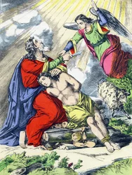 O Sacrifício de Abraão. Gravação em "Os principais fatos da história sagrada". Epinal Imaging, 4th Series. Pellerin e Cie, impressora-editora, Epinal. Fim do século XIX. Dim: 5,5x3,5cm.