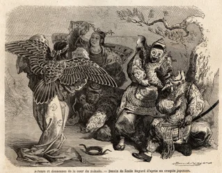 Actores e bailarinos da corte do Mikado em traje de cena. Gravura para ilustrar a viagem ao Japão em 1863-1864, por Aime Humbert, ministro da Confederação Suíça, em "Le tour du monde, nouveau journal des voyages", publicado sob a direção de Ed