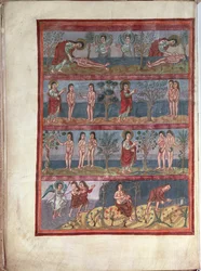 Add.10546 f.5v Adão e Eva, da Bíblia Moutier-Grandval, iluminado na Abadia carolíngia de São Martinho, Tours, latim, c.834-843 (velino)
