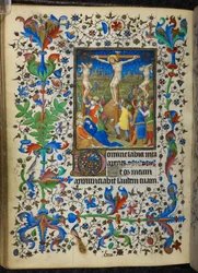 Adicione 16997 f.153v Crucificação, das Horas Chevalier, c.1420 (pergaminho)