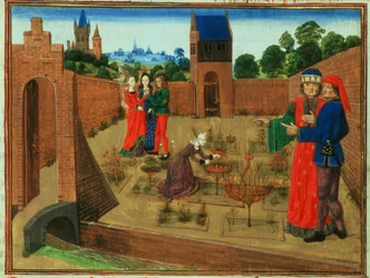 Acrescentar 19720 fol.214 Jardim murado com uma mulher jardineira e outros mexericos, de Livre des Prouffits Champetres et Ruraulx de Pietro de Crescenzi (1230-1320) (vellum)
